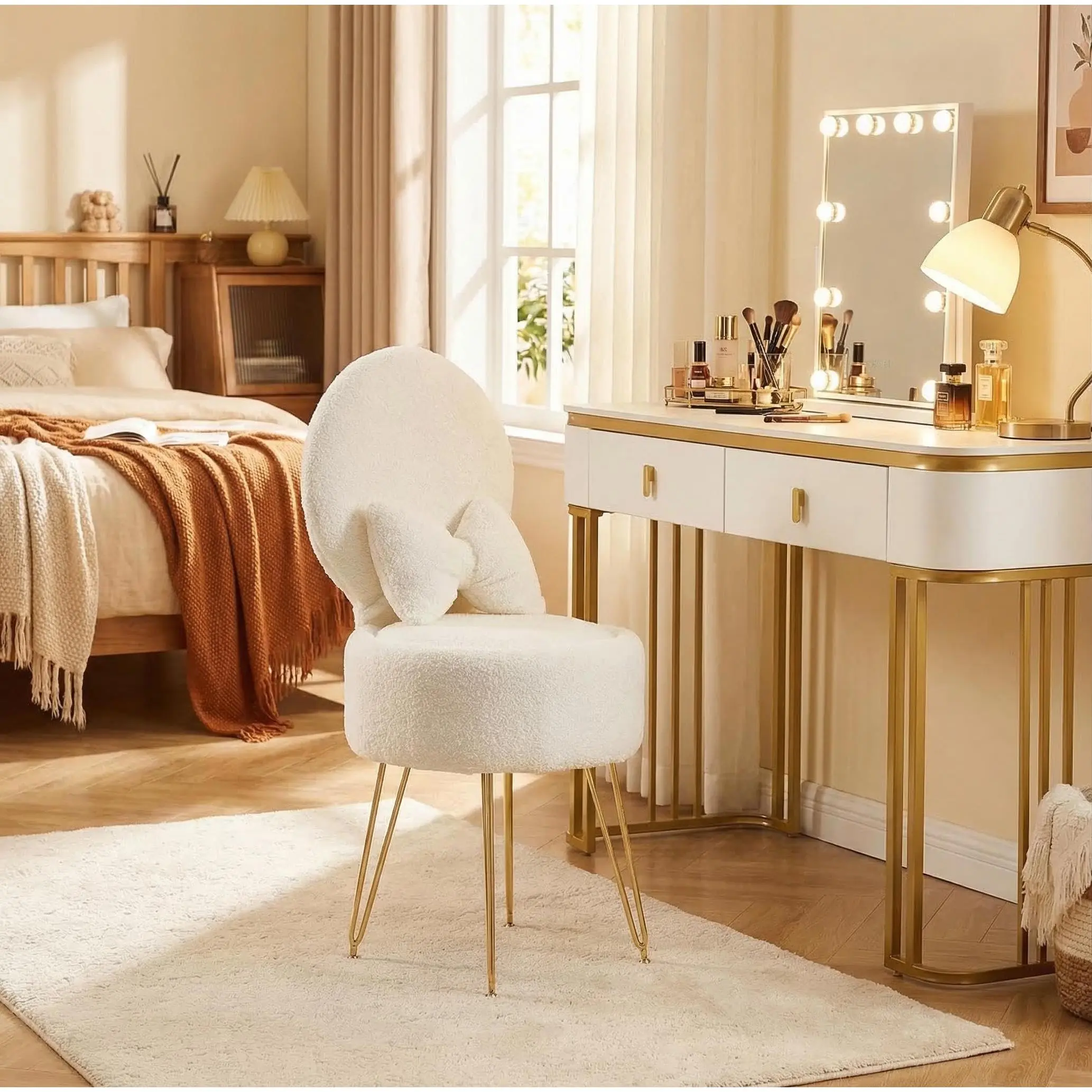 Garvee Comfy Sherpa Fleece Vanity Stool with Storage - Folding Backrest & Bow-Knot Pillow - Metal Legs - Multi-Use Ottoman for Bedroom or Dressing Table, Makeup Stool, Dressing Chair, Vanity Seat with Backrest, Storage Ottoman Stool