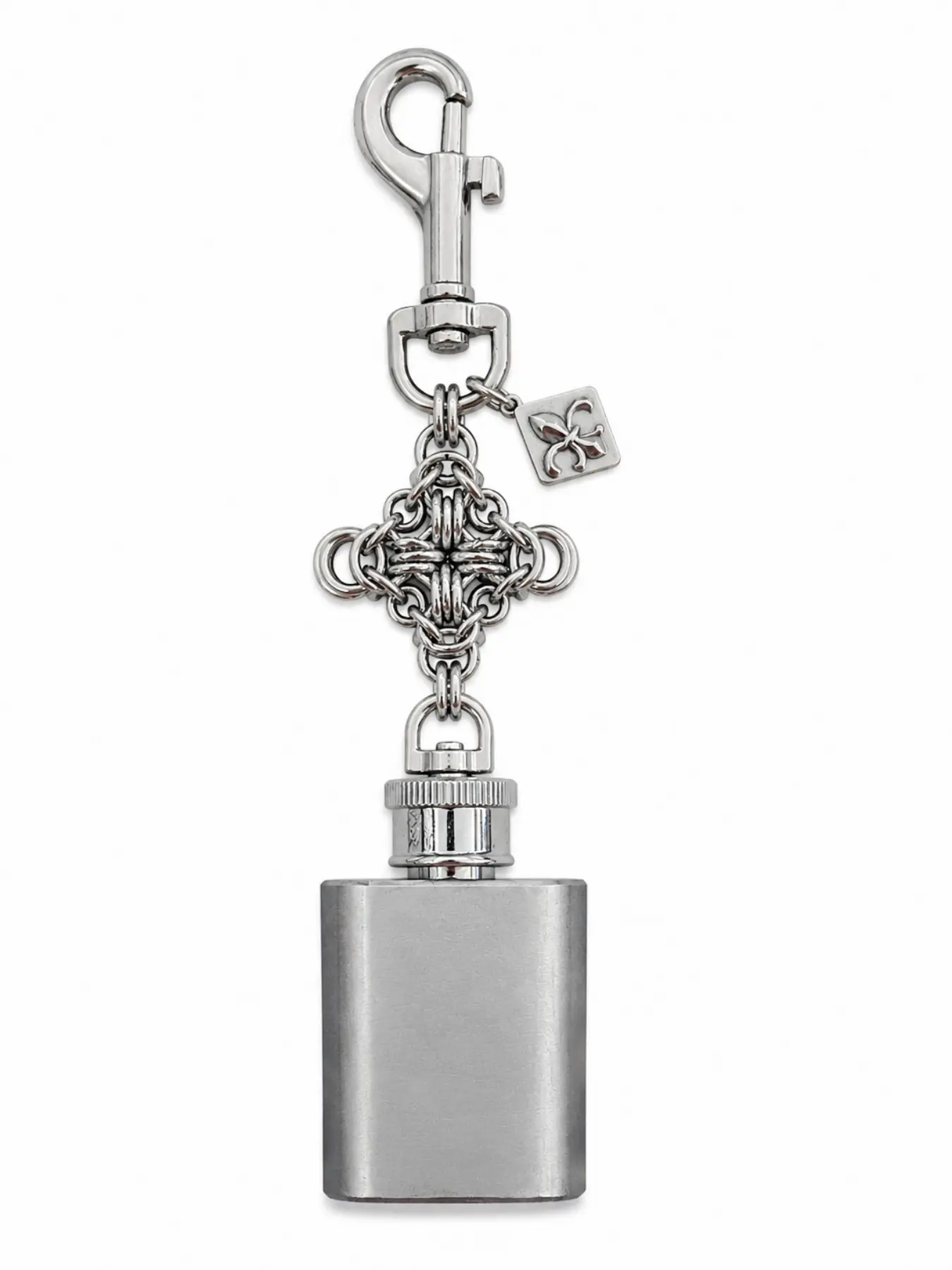 Vintage Silver Color Metal Keychain, Chainmail Mini Flask Pendant, Street Style Bag Charm, Backpack Jeans Accessory, All Seasons