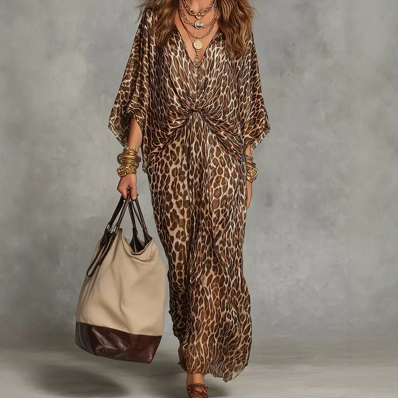 Leopard Print V-Neck Waist-Cinching Plus Size Long Dress for Women