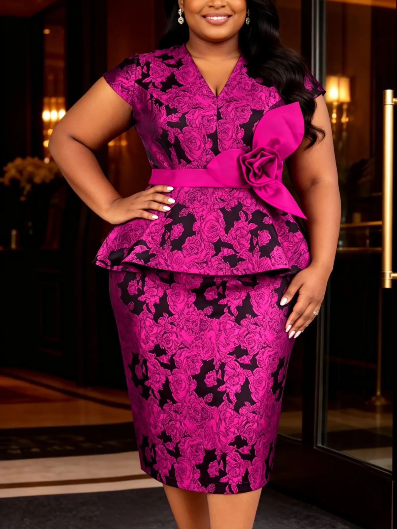 Plus Size Women Elegant Chic Floral Bodycon Woven Jacquard Midi Dress V Neck Cap Sleeves 3D Flower Belt Peplum Waist Pencil Skirt Church Wedding Guest Cocktail Party Spring Summer Wear