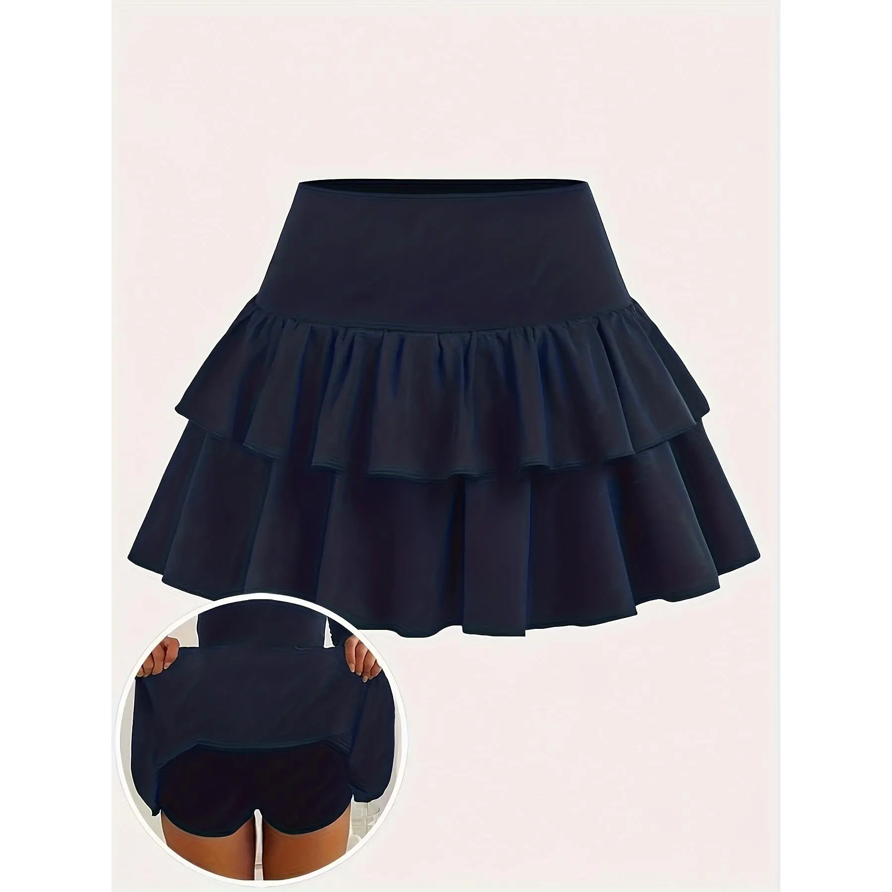 Girls' Versatile Black Double Ruffle Skirt (Ages 7-14) - Soft Polyester, Stretchy, Skin-Friendly, with Safety Shorts, Casual Wear, Leisure Look, Halloween Holiday Gift