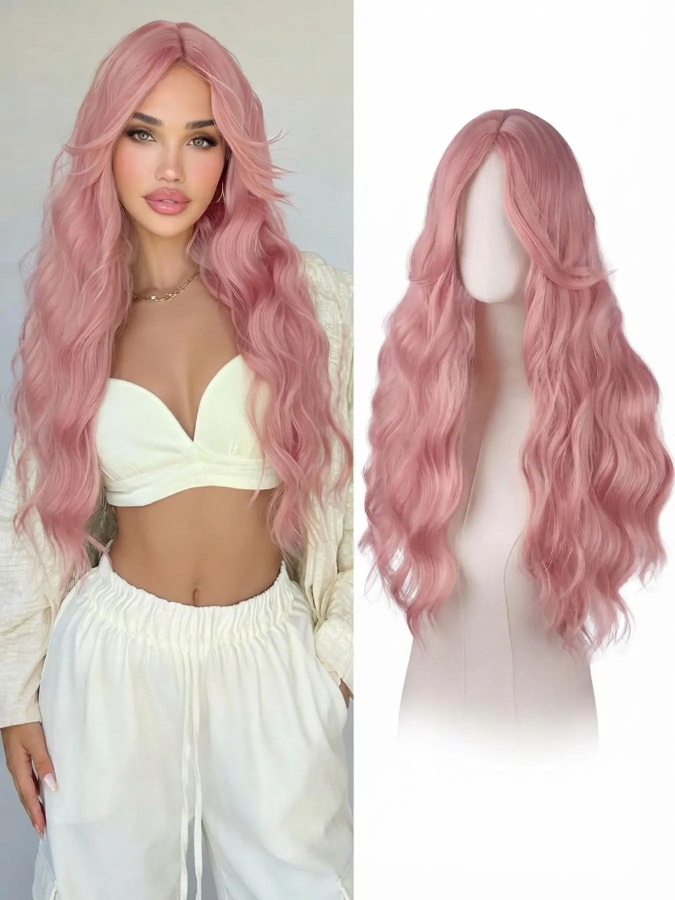 Long Pink Wavy Wig for Women, Romantic Pastel Pink Synthetic Hair Wig with Natural Middle Part, Soft Loose Wave Texture, Lightweight Comfortable Cap, Fashion Color Wig for Daily Wear, Party, Cosplay, Festival and Trendy Hairstyle Transformation
