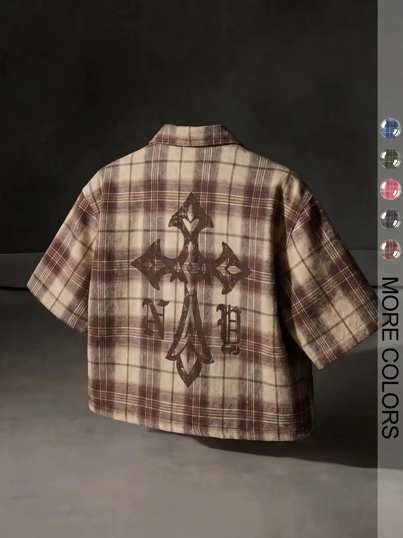 Men's Plaid Blouse with Graphic Print, Casual Loose-Fit Short Sleeve Top, Chic Shirt, Comfortable Streetwear for All Seasons, Trendy Outdoor Fashion