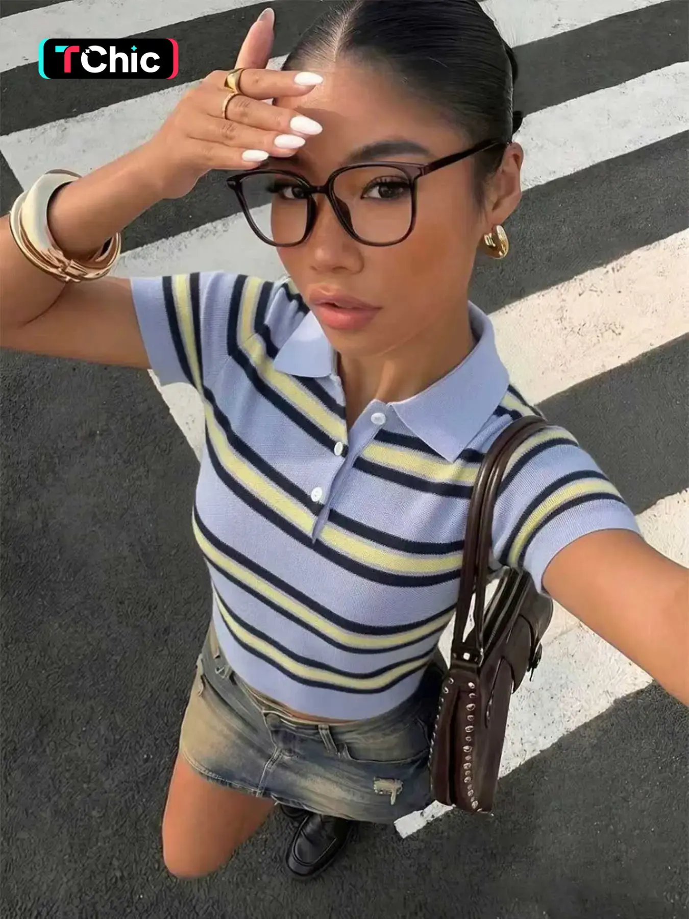Women's Preppy Striped Knit Polo Shirt, Slim-Fit Short-Sleeve with Contrast Collar, Soft Lightweight Summer Top, Striped Polo Shirts