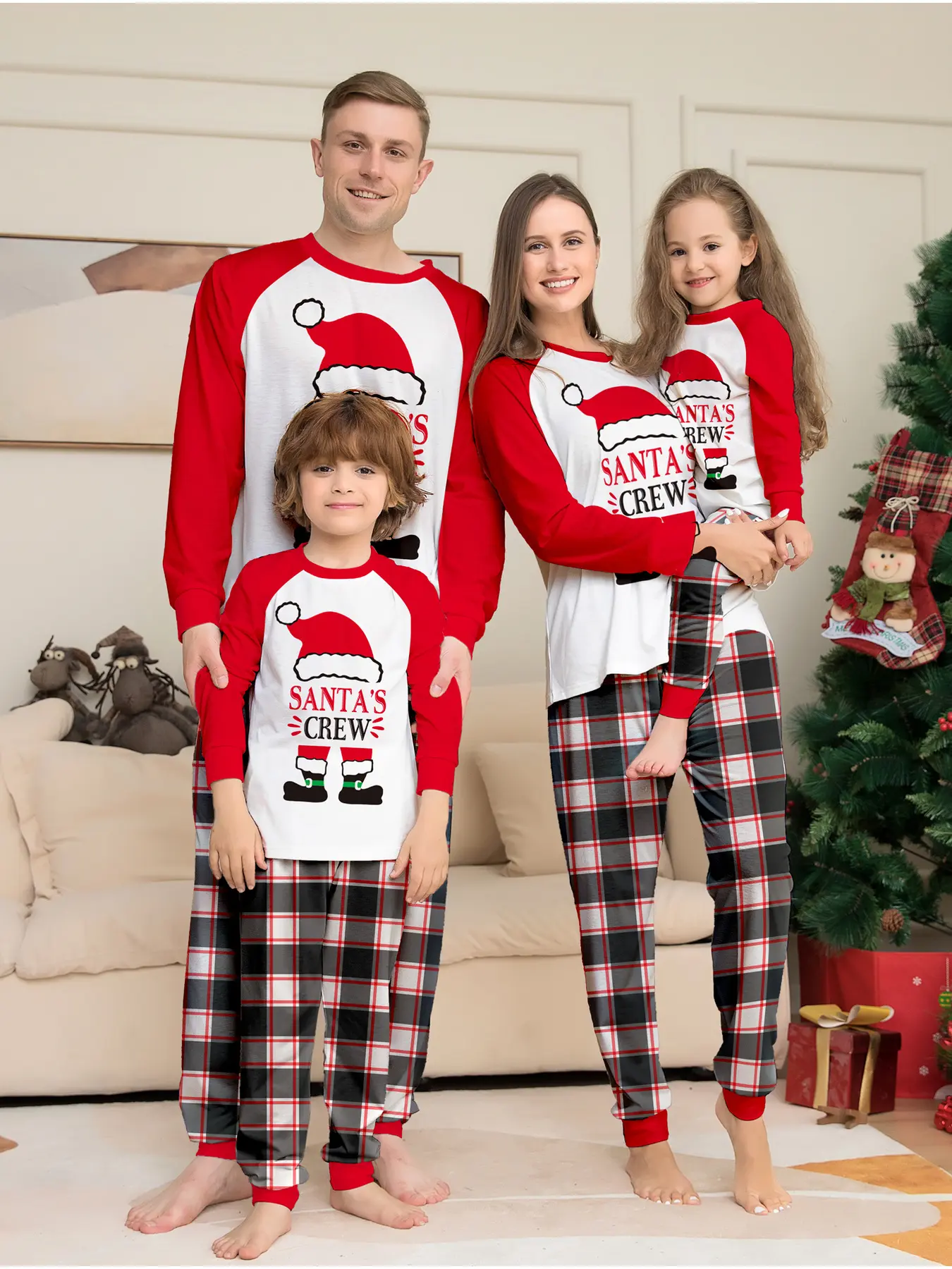 Colorblock Pullover, Christmas Hat Boots Print, Plaid Pants, Soft Long Sleeve Set, Family Matching