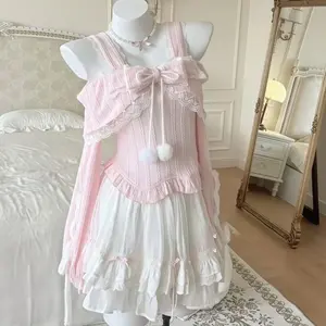 Japanese Sweet Lolita Pink 2 Piece Set Women Kawaii Bow Lace Puff Top + White Cake Skirt New Fashion Slim Princess Cute Outfits