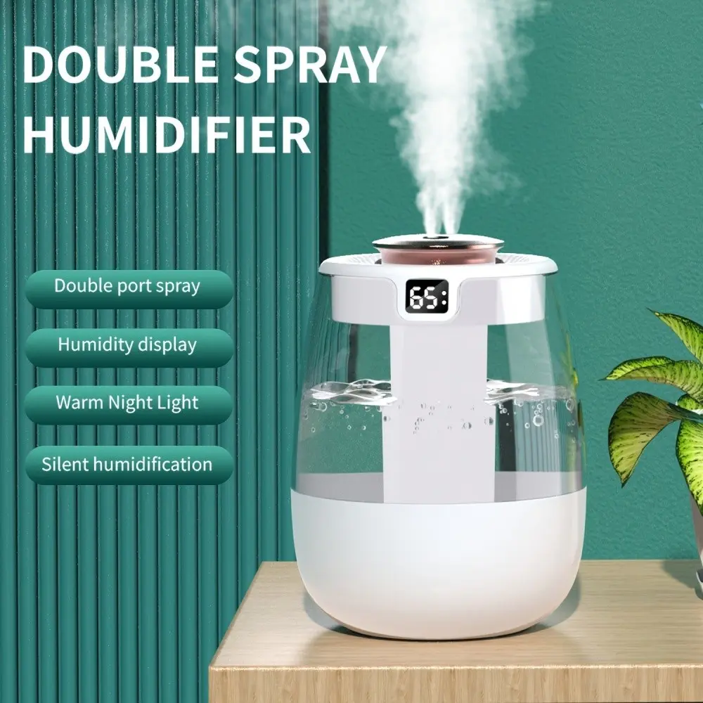 1. Silent ultrasonic humidifier with warm night light, dual sprinklers, water level display, button control, maximum water tank capacity of 84.54 ounces, suitable for bedrooms and offices, no batteries required-modern design