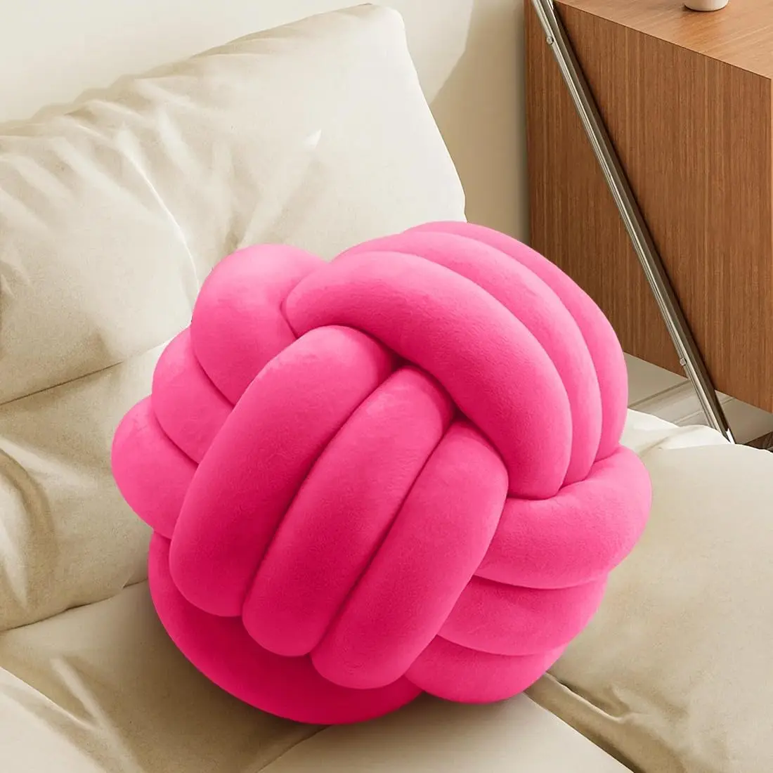 Knot Pillow Ball, Soft Plush Decorative Throw Pillow, Round Knotted Cushion for Sofa, Coucedroom, Cute Home Decor Pillow (7.87 Inches, Hot Pink)