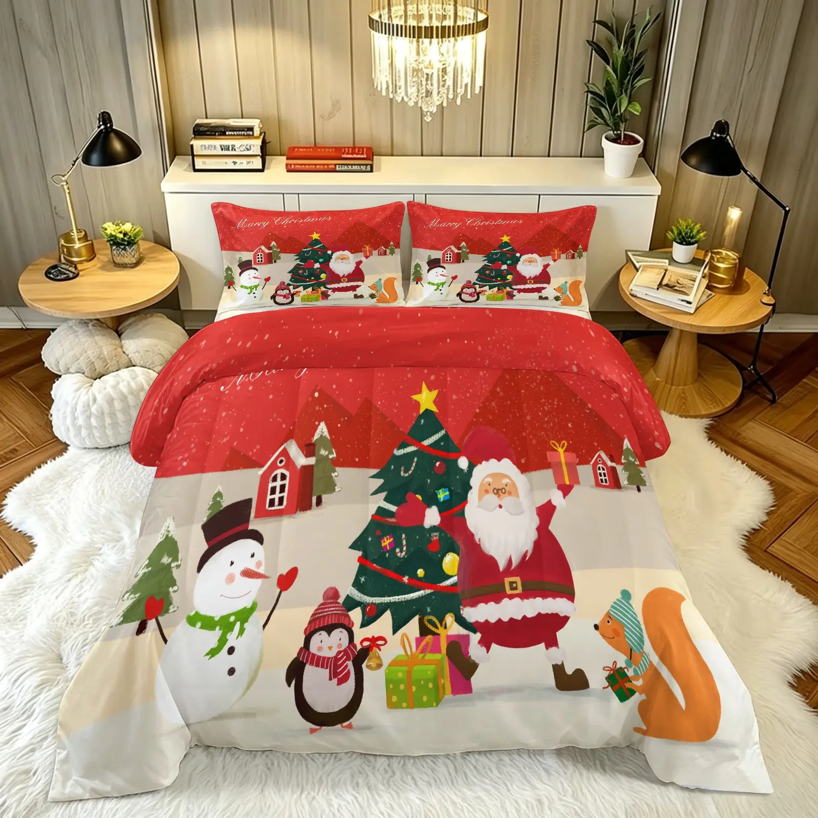 3pcs Christmas Bedding Set, Cartoon Santa Claus Snowman Digital Print, Soft Comfortable, Bedroom Holiday Decor, Includes 2 Pillowcases and 1 Quilt