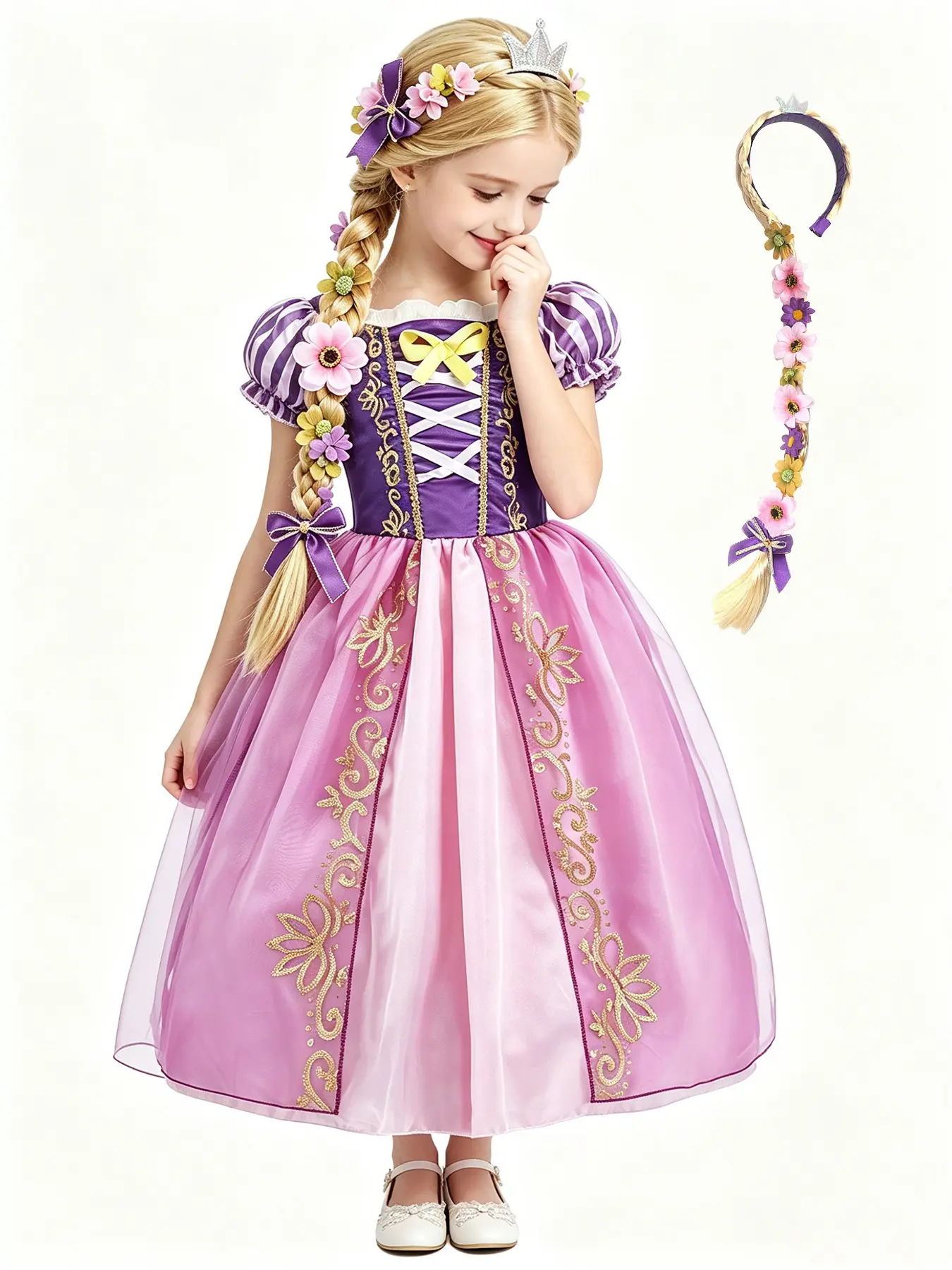 Girls Purple Pink Color Block Puff Sleeve Fairy Tale Princess Dress, Gold Embroidery Crisscross Satin Ball Gown, Costume Set with Floral Braid Headband for Birthday Halloween Cosplay Party, 2-Piece Set, Ages 3-12
