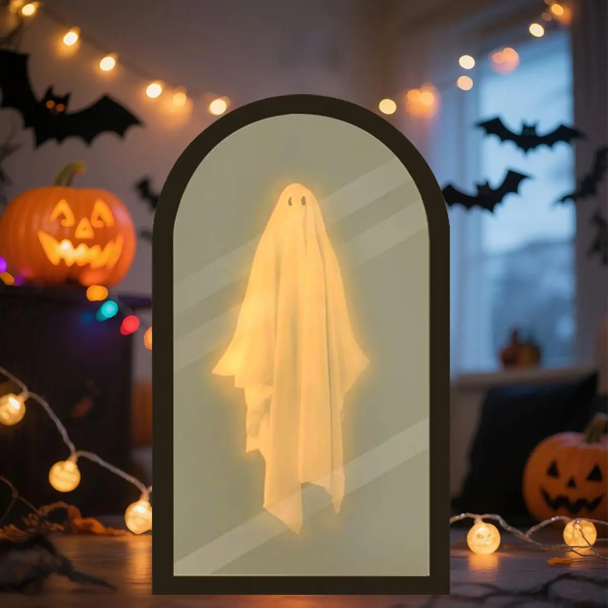 Ghost Mirror Halloween Decor – LED Holographic Ghost Illusion Mirror, 2-in-1 Daytime Mirror Nighttime Ghost, Spooky Tabletop Decoration for Mantel Shelf Party, Creepy Cute Gift for Kids Adults