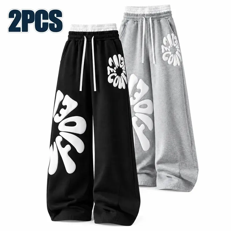 Men's Graphic Print Wide Leg Sweatpants, Loose Drawstring Jogger Pants with Pockets for Casual Streetwear and Daily Wear