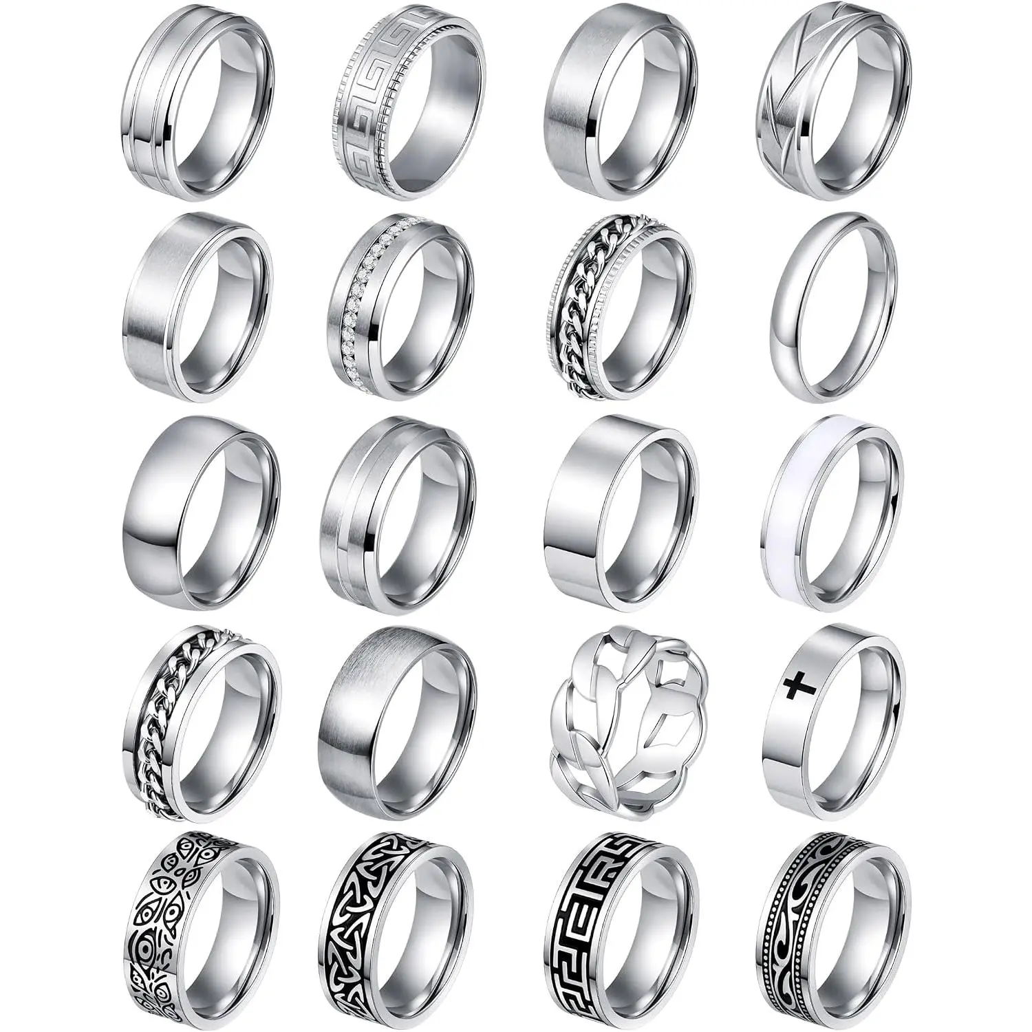 20PCS Silver Rings for Men Stainless Steel Rings 7-13| Fidget Vintage Signet Ring Set Promise Engagement Wedding Ring Gifts Jewelry