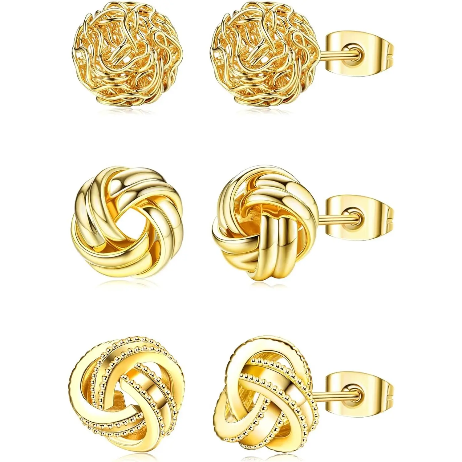 ORAZIO 3 Pairs 14K Plated Gold Knot Earrings For Women Hypoallergenic Small Stud Earring Woven Ball Stud Earrings Knot Post Earrings for Sensitive Ears