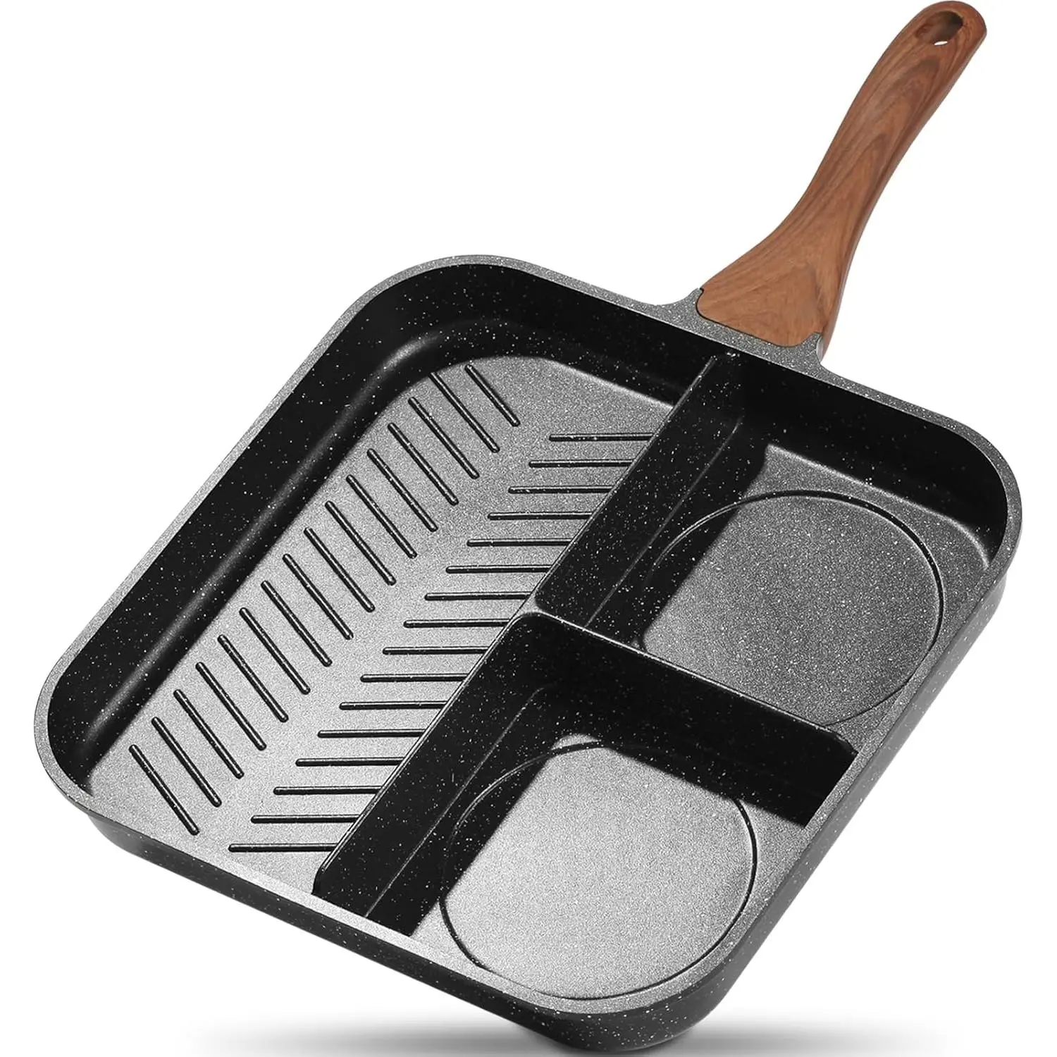 11-Inch Nonstick Divided Square Cookware, 3-In-1 Versatile Divided Pan for Breakfast & Steak Grilling, PTFE-Free, PFOA-Free, Stove Top Compatible, Indoor/Outdoor Use, Black
