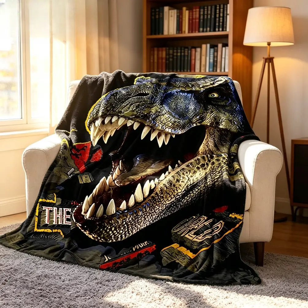 Dinosaur Cartoon Flannel Blanket, Soft Cozy Lightweight Throw for Adult Blanket Kids Blanket, Prehistoric Animal Adventure Design Summer Cooling Air Conditioner Blanket for Sofa Bed Bedroom Picnic Travel Gift