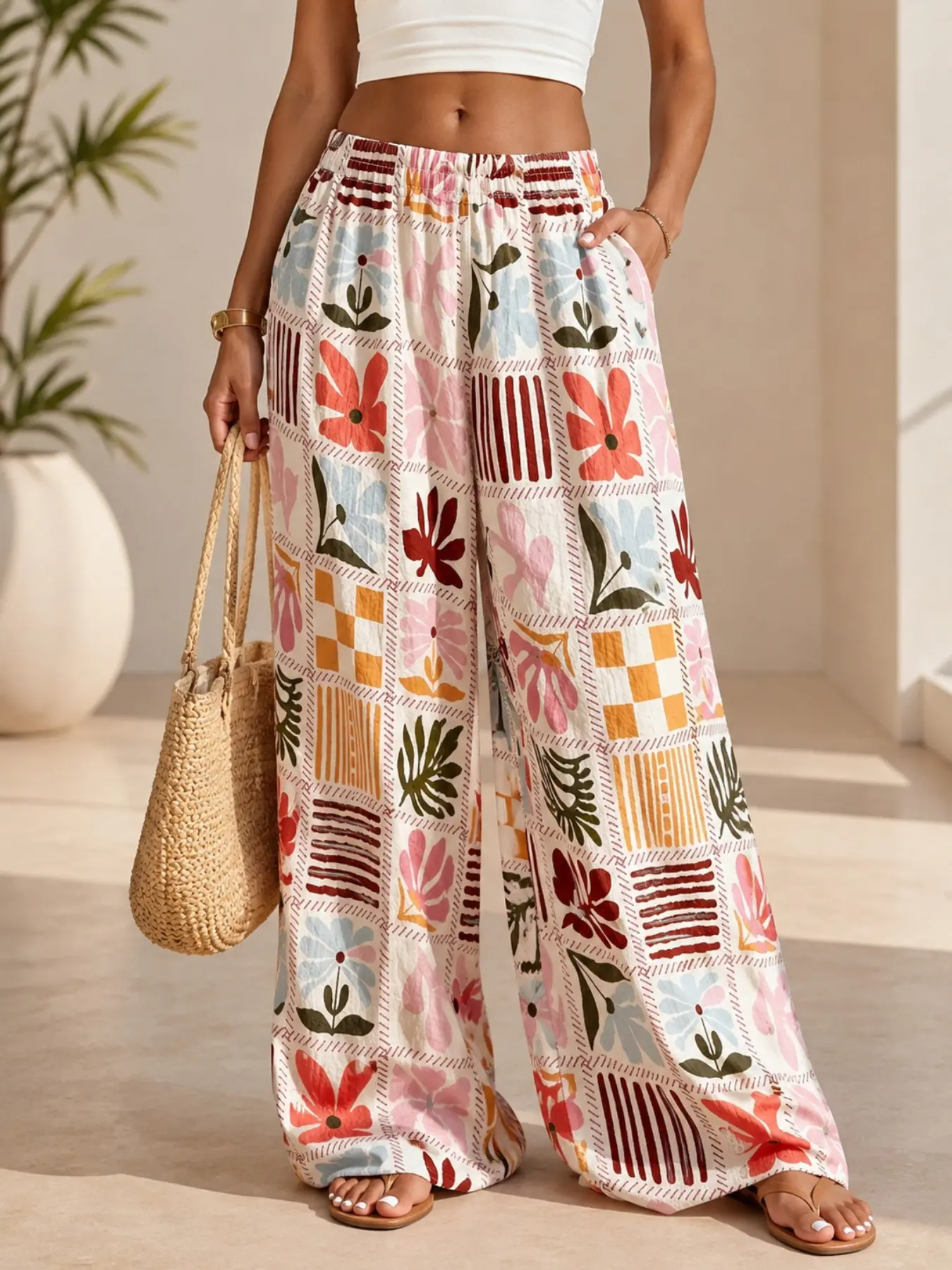 Women's Patchwork Floral Print Elastic Waist Wide Leg Pants, Bottoms, Casual Loose Boho Bohemian Summer Palazzo Trousers, Lightweight Vacation Flow Pants