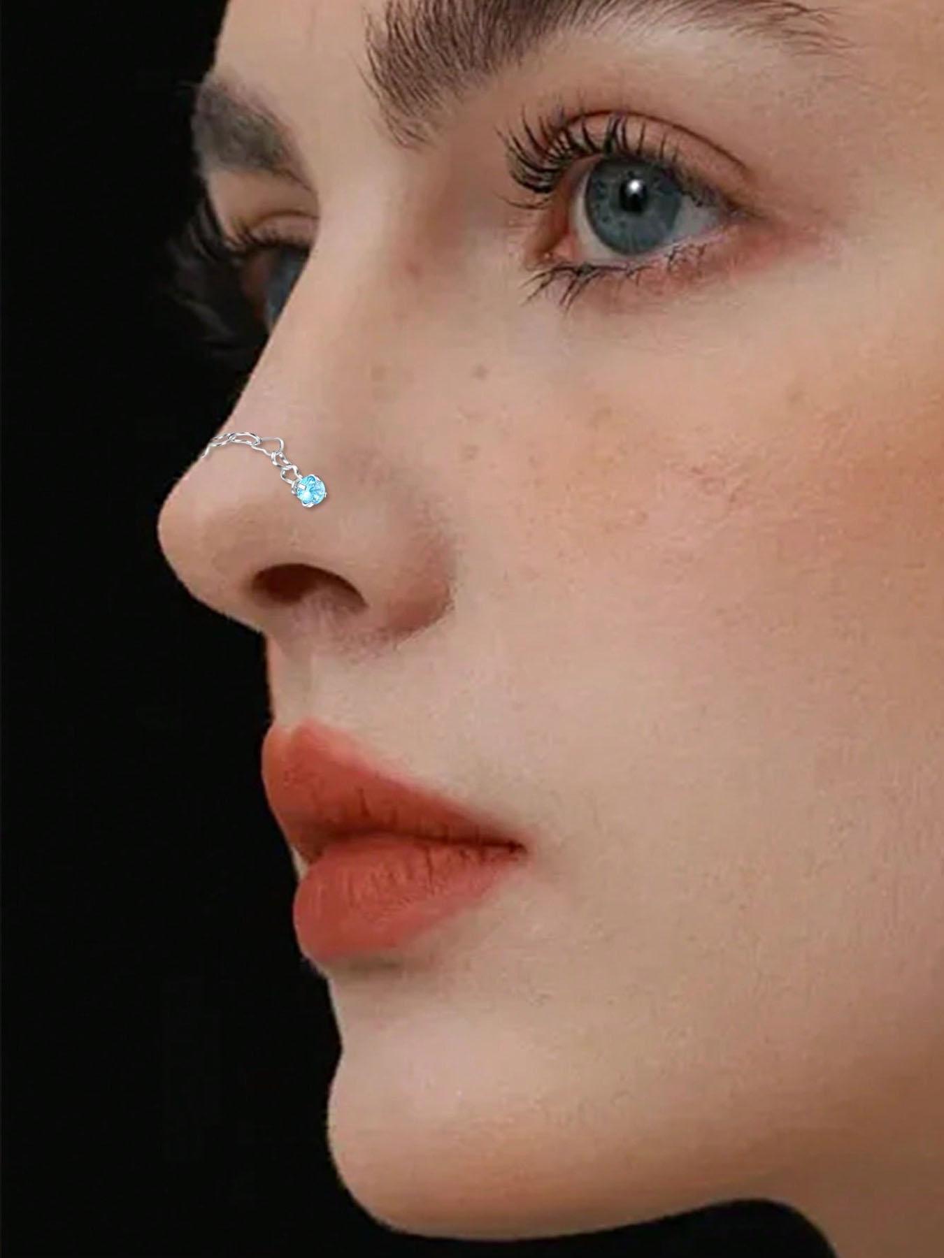 Fashion Stainless Steel Nose Ring with Chain, Cubic Zirconia Heart Design, Synthetic Zircon L-Shaped Piercing Jewelry