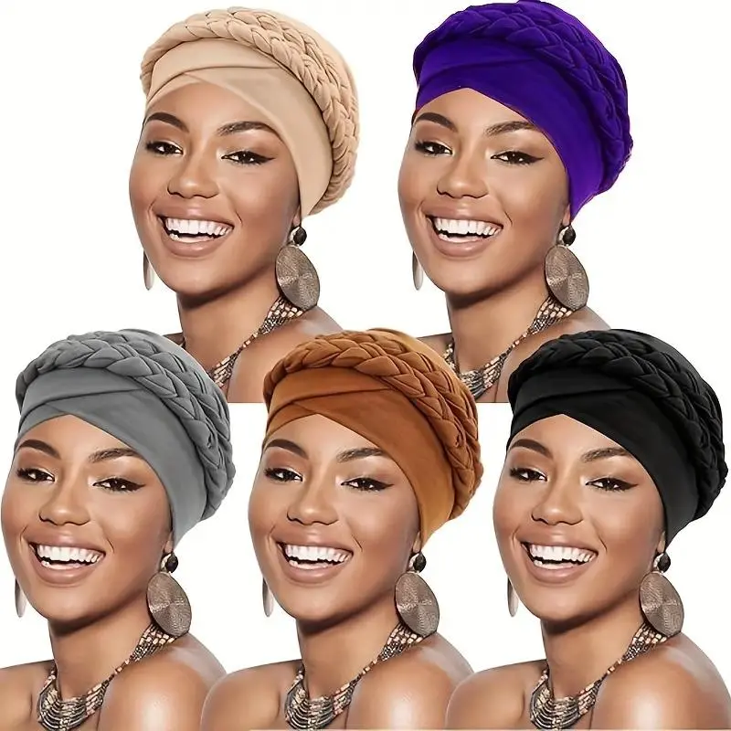 4pcs Set Women's Turban Caps Lightweight Elastic Headscarves with Double Braids/Wraps for Chemo Cancer & Scalp Care, Chemotherapy Cap for all-Season Use, Parties, Casual Attire (Hand Wash/Dry Clean) - Stylish Hair Loss Access