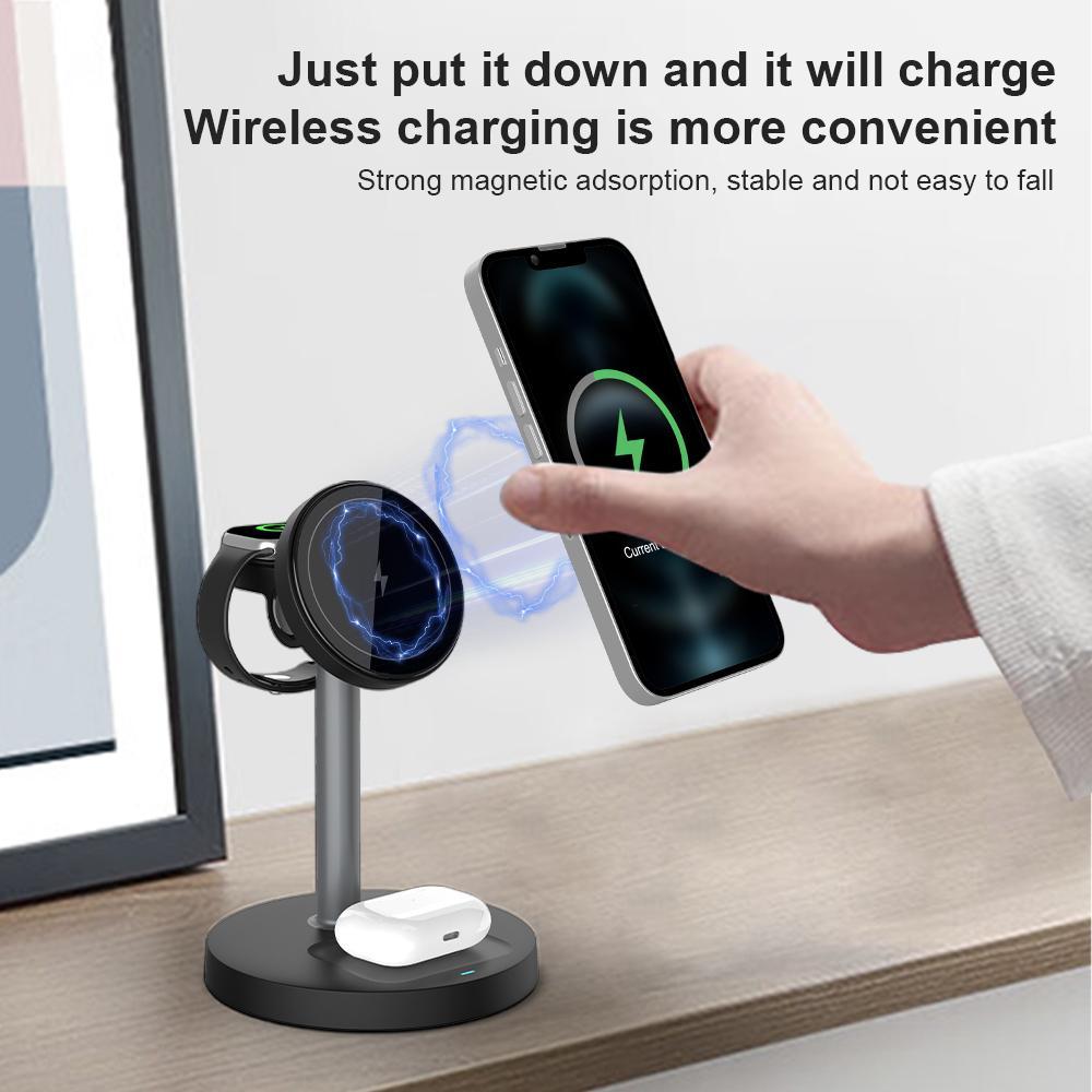 3 in 1 Wireless Charging Stand, 15W Fast Wireless Charger, Multifunctional Charging Station for iPhone 12-16 Series, Samsung S24 S23, Apple Watch & AirPods