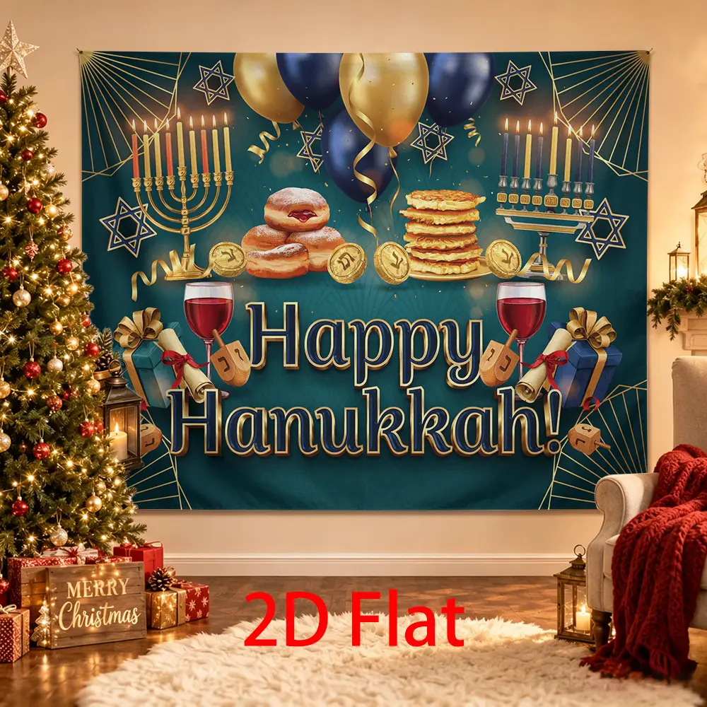 Elegant Hanukkah Backdrop, Teal Gold Photography Background with Menorahs, Balloons, Dreidels, Latkes, Donuts and Gifts