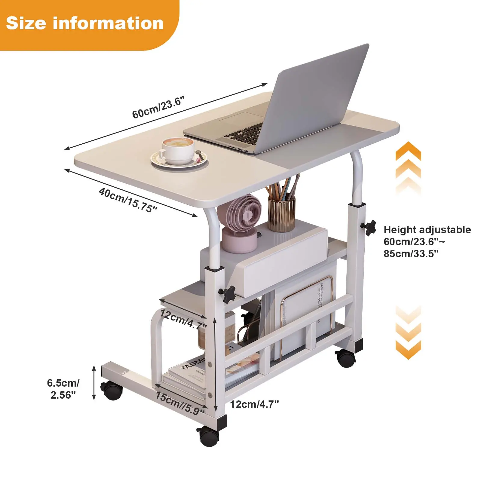 Adjustable Height Rolling Standing Desk, Mobile Computer Table with Wheels & Storage Shelves, Small Sit Stand Desk for Home Office, 31.5"