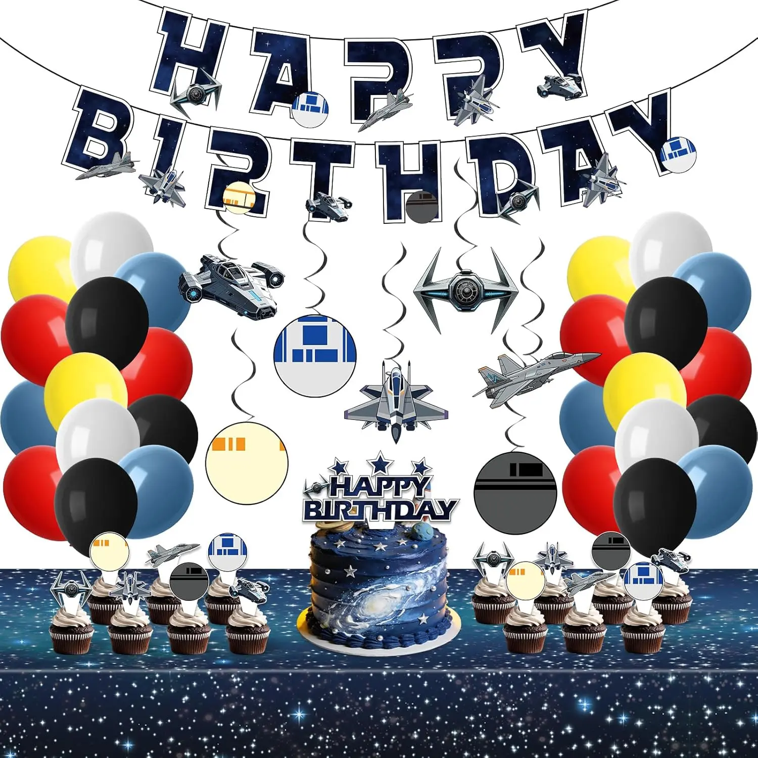 57PCS Colorful Galaxy Wars Party Supplies Set - Lightweight Aluminium Photo Backdrop, Happy Birthday Banner, Wall Balloons, Tablecloth, Hanging Swirls, Cake Toppers for Space Star Theme Baby Shower, Cartoon