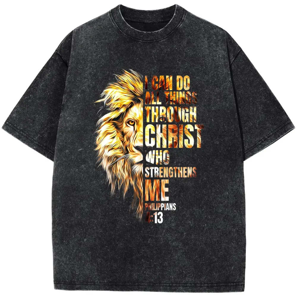 Christian I Can Do All Things Through Christ Lion Faith T-ShirtPlus Size T-Shirt, Retro Fitness Heavyweight Washed T-Shirt, 100% Cotton