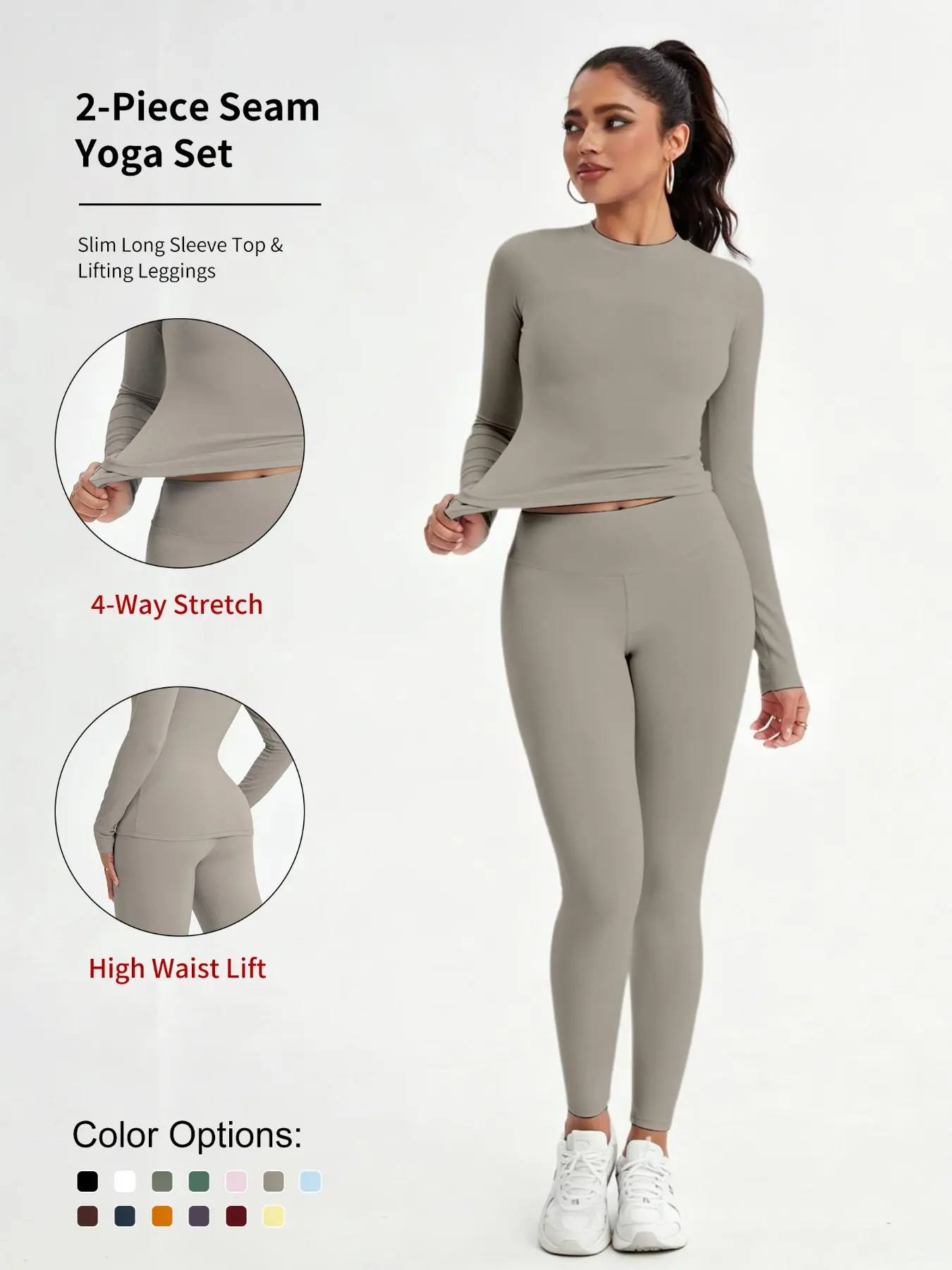 Women's 2 Piece Seamless Yoga Set Long Sleeve Slim Fitted Top and High Waisted Butt Lifting Leggings Athletic Gym Workout Lounge Outfit Yoga Sports Set
