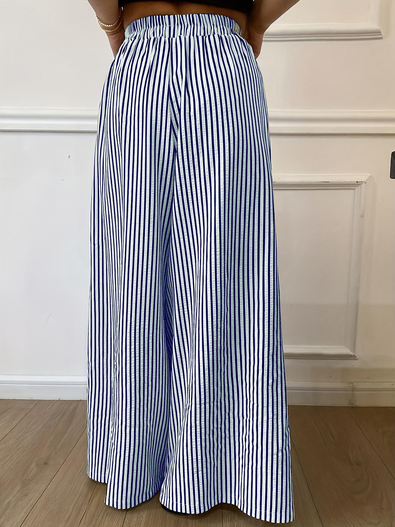 Women's Vertical Striped Casual Elastic Waist Wide Leg Pants, Loose-Fitting Stripe Design, Comfortable Daily Wear