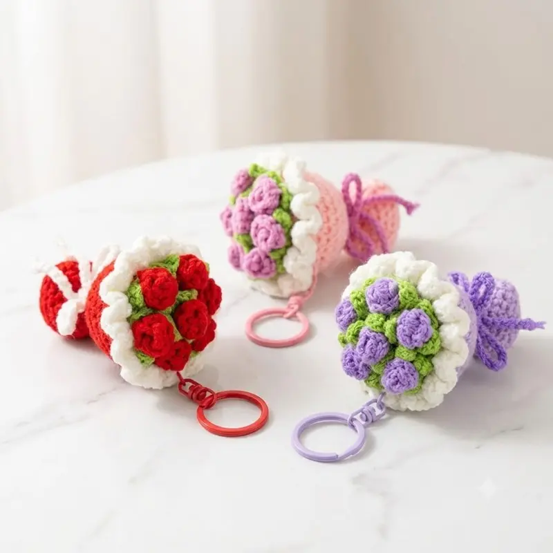 Women's Exquisite Crochet Flower Keychain, Casual Fabric Portable Floral Mini Bouquet Charm, Fashion Handbag Accessory for Mothers, Friends, Lightweight, Keychain For Car Keys, Key Charms, Fashion Keychain