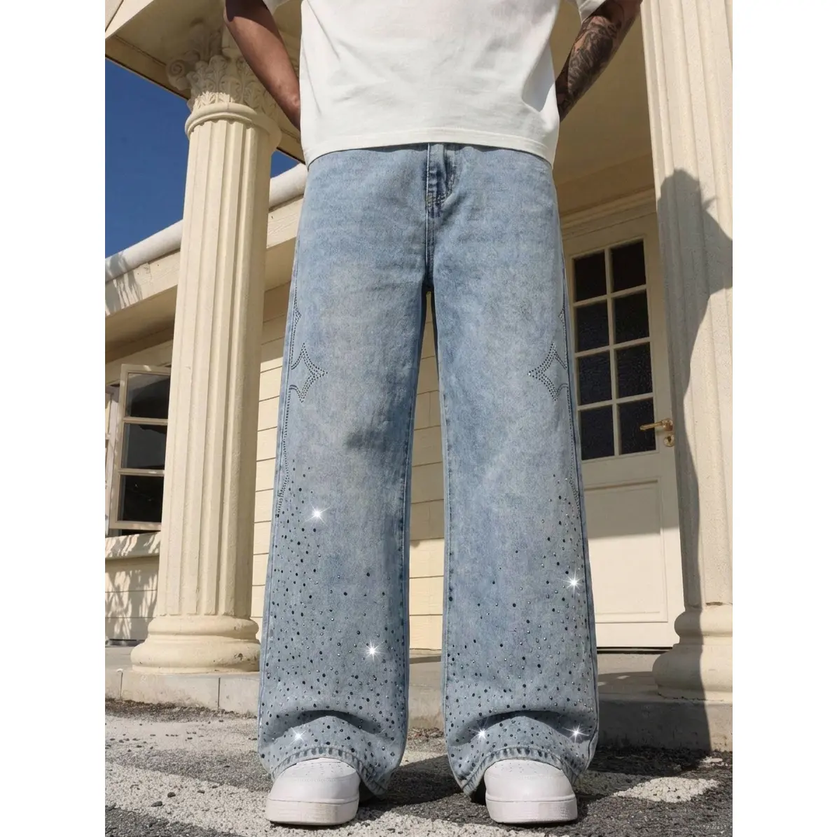 Y2K Vintage Light Blue Star Rhinestone Flared Jeans For Men Snow Gradient Dot Hot Drill Crystal Side Pattern Denim Pants Acid Washed Loose Wide Leg Trousers Hip Hop Streetwear Statement Sparkly Pants For Street Shots Casual Daily Looks