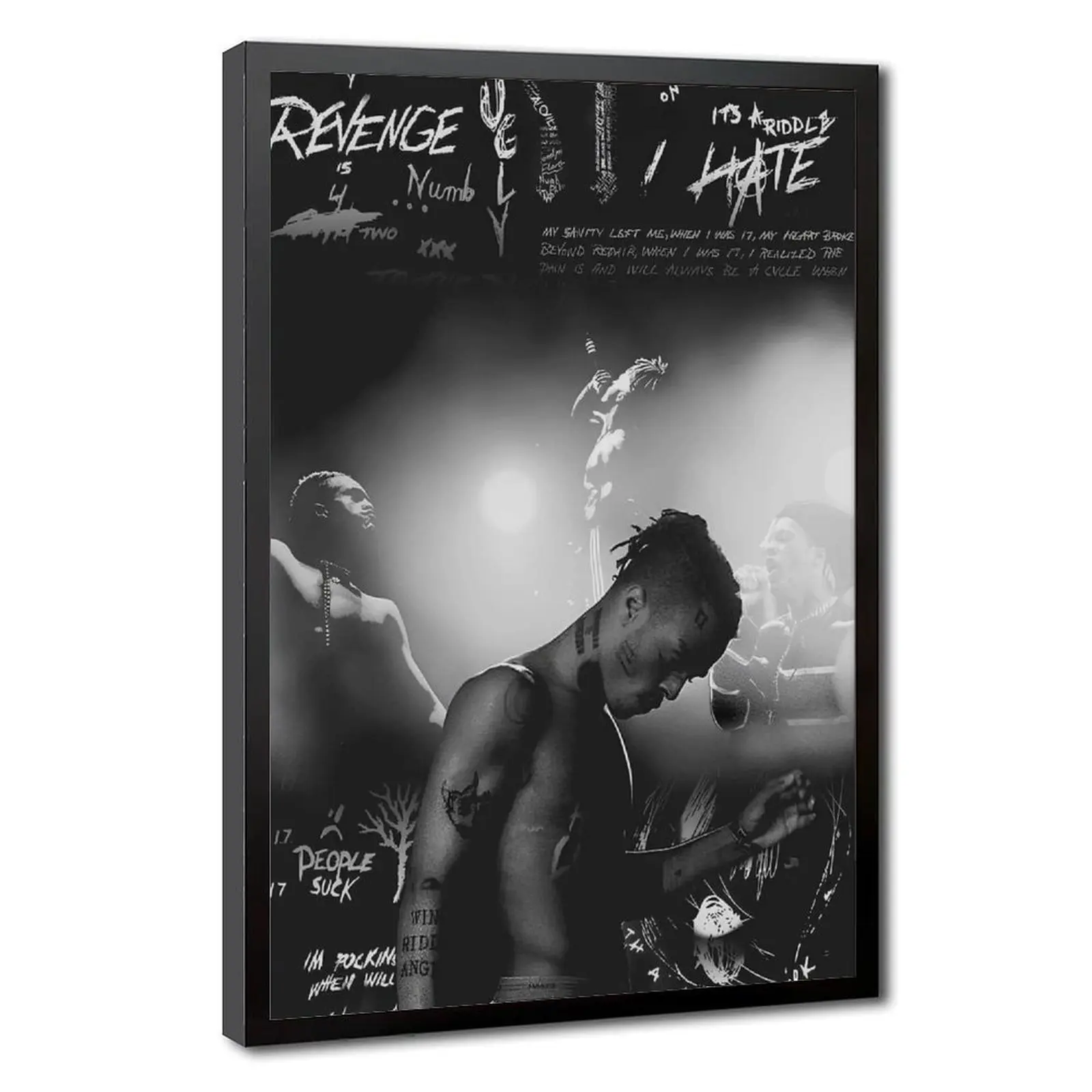 XXXTentacion Character Art Poster  Black White Hip-Hop Black Background Covered With White Graffiti Lyrics Poster Wall Art for Living Room Studio Wall Decor