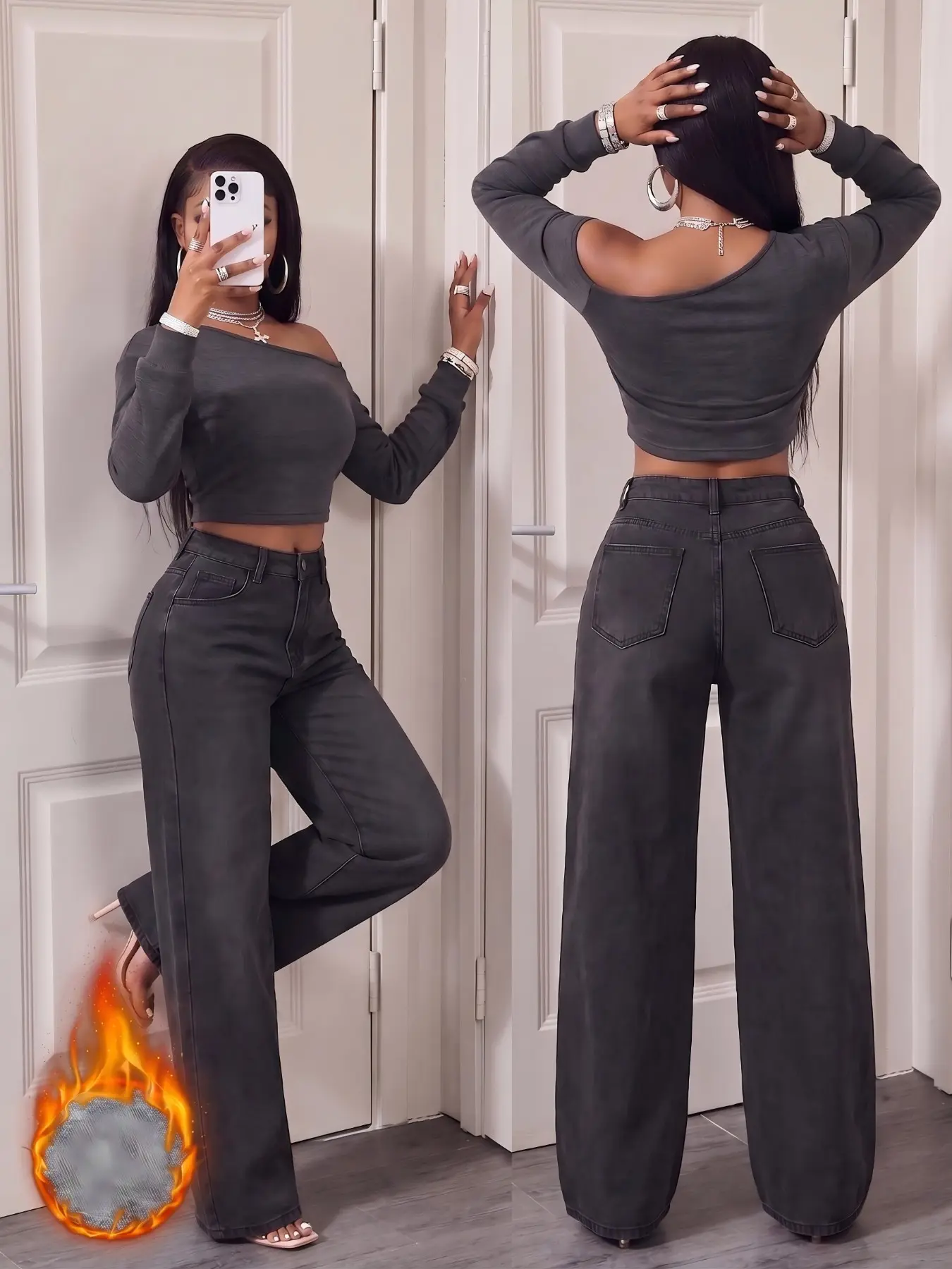 Women's New Arrival Fall Winter School Basic Fleece Mid-Waist Pocket Loose Wide Leg Casual Denim Jeans, Trendy and Comfortable