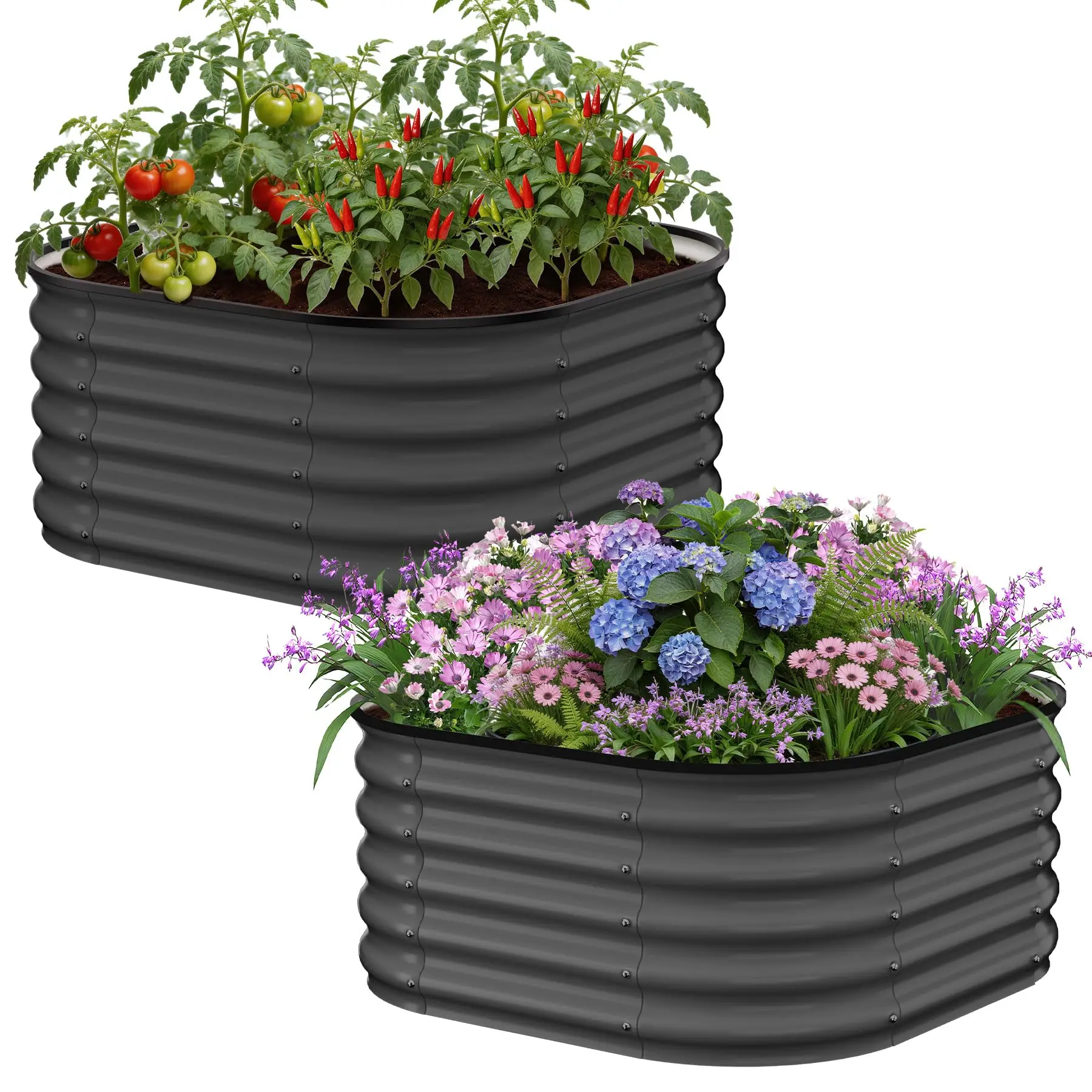 2 Pack 3.5x3.5x1.4ft Galvanized Raised Garden Bed, 2-in-1 Oval & Rounded Square Metal Raised Garden Bed Planter Box, Planter Raised Beds for Gardening, Veggies, Flowers, Safety Edge