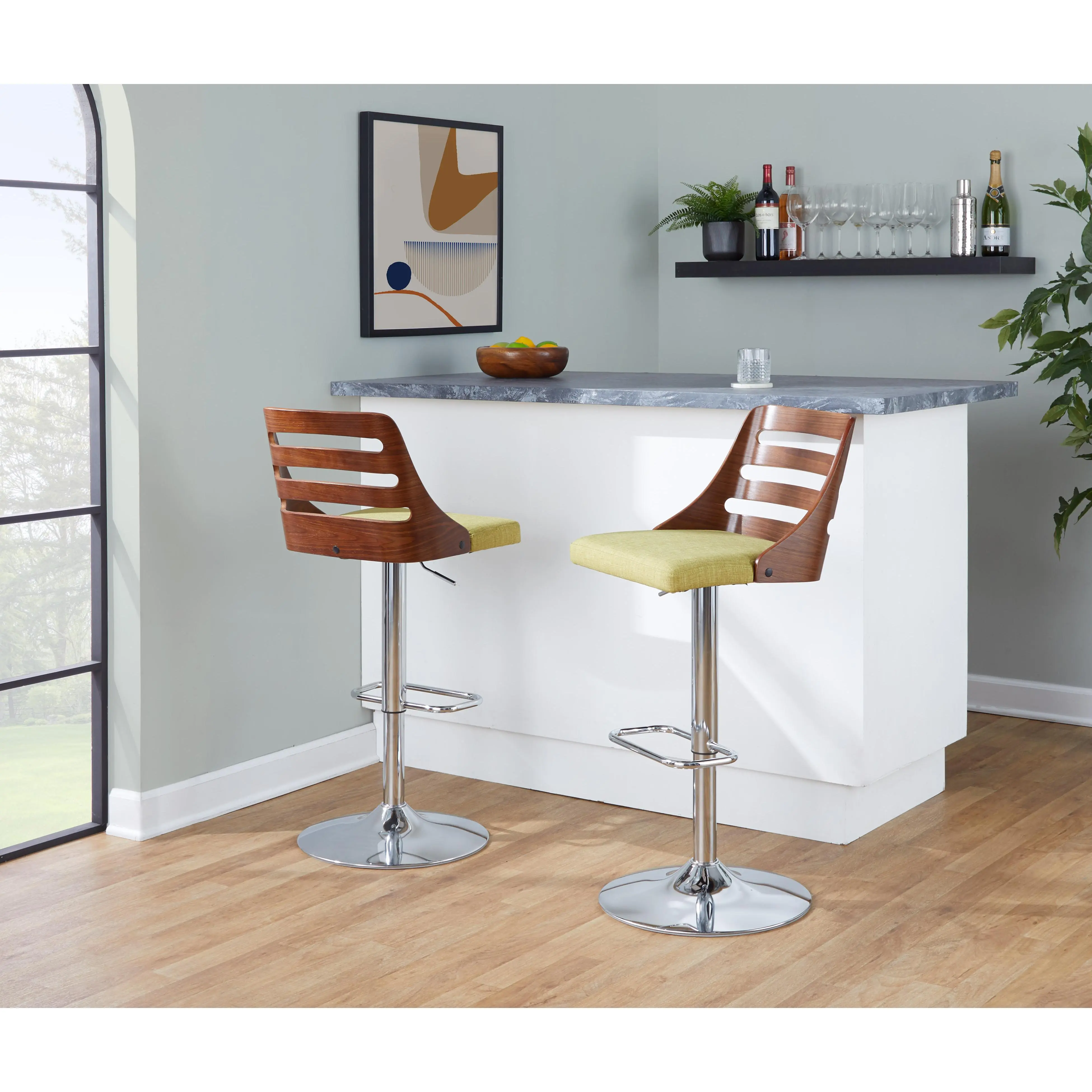 ARCH Mid-Century Modern Adjustable Barstool with Swivel in Walnut and Green, 360 Degree Rotating Counter Height Stool for Kitchen Island Bar Dining Room, Retro Industrial Wood Seat, Easy Assembly, 1 Pack, Living Room Table for Sofa Side, Bedroom,sohochic