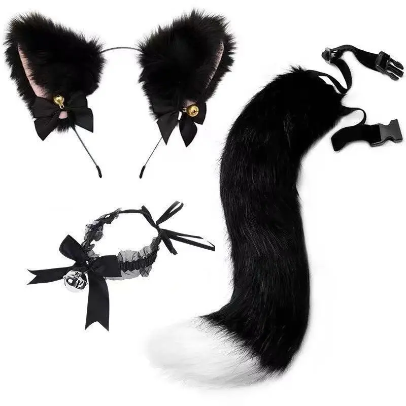 3-Piece Realistic Cat Ear Headband Set with Fox Tail Accessories, Anime Animal Ears and Tail Clip-On Set, Comfortable Elastic Material