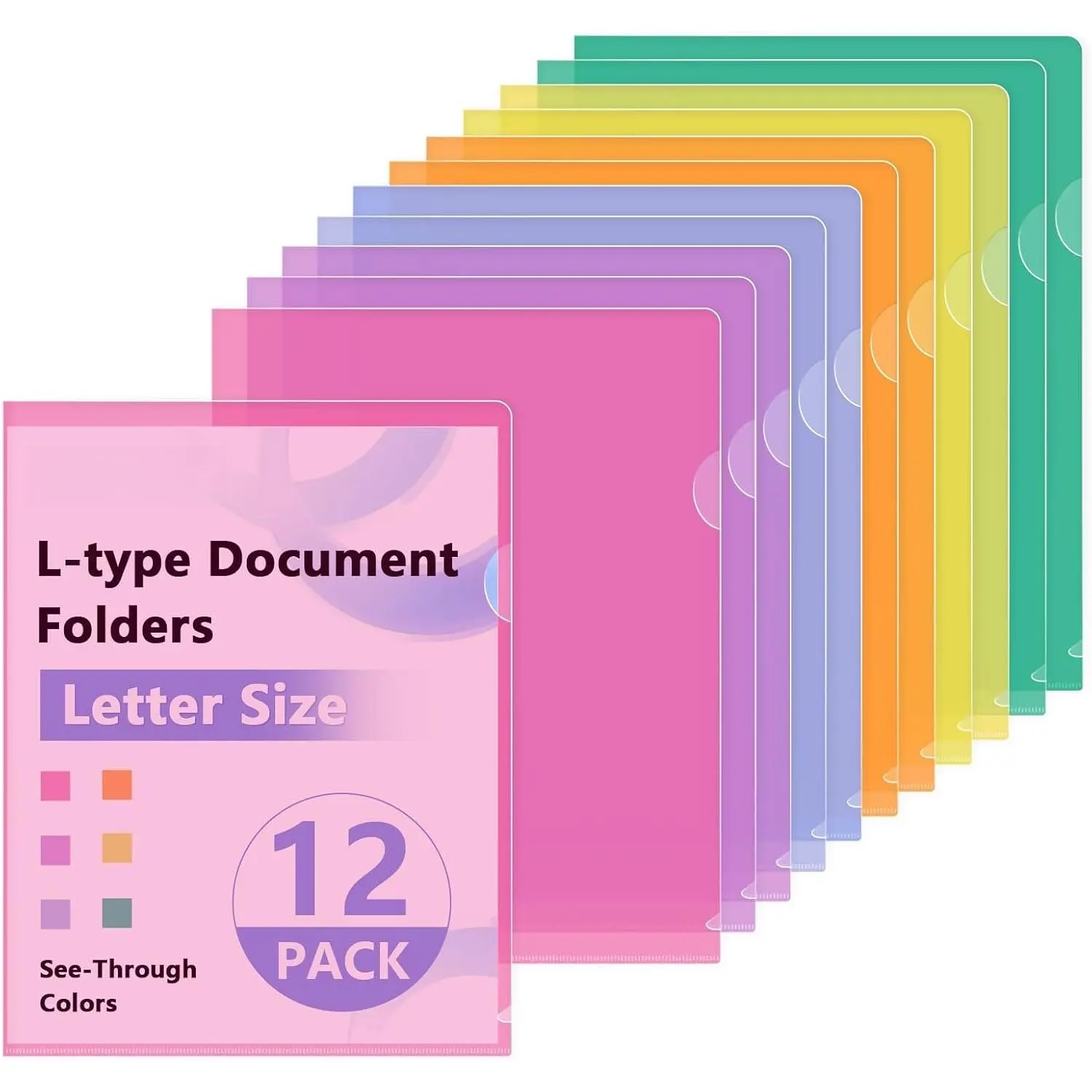 12 Pack Clear Document Folders, L-Type Plastic File Folder Sleeves, Project Folders Paper Sheet Protectors for 8.5" x 11" Letter Size, for , Office, and School Use (6  Colors)