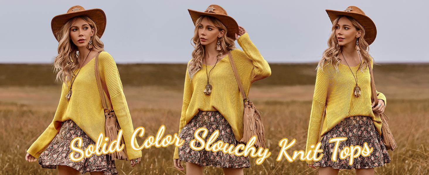 FMEYOA Casual Women's V Neck Long Sleeve Knit Loose Oversized Pullover Comfy Sweater Top