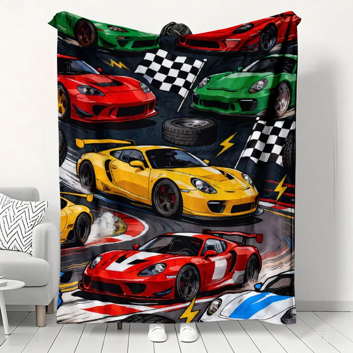 Cool Racing Car Print Flannel Blanket, Trendy Sports Car Throw Blanket Soft Cozy Fleece Cover for Sofa Bed Bedroom Living Room Decor, All Season Warm Blanket Gift for Car Lovers, Auto Fans & Kids