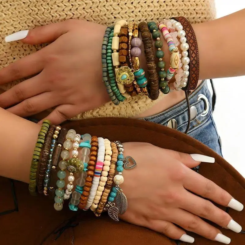 Unisex 5-Piece Bohemian Wood Bead Bracelet Set - Boho Style Bangles with Ethnic Charms for Daily Wear, Stackable Costume Jewelry Accessories, Bohemian Bracelets