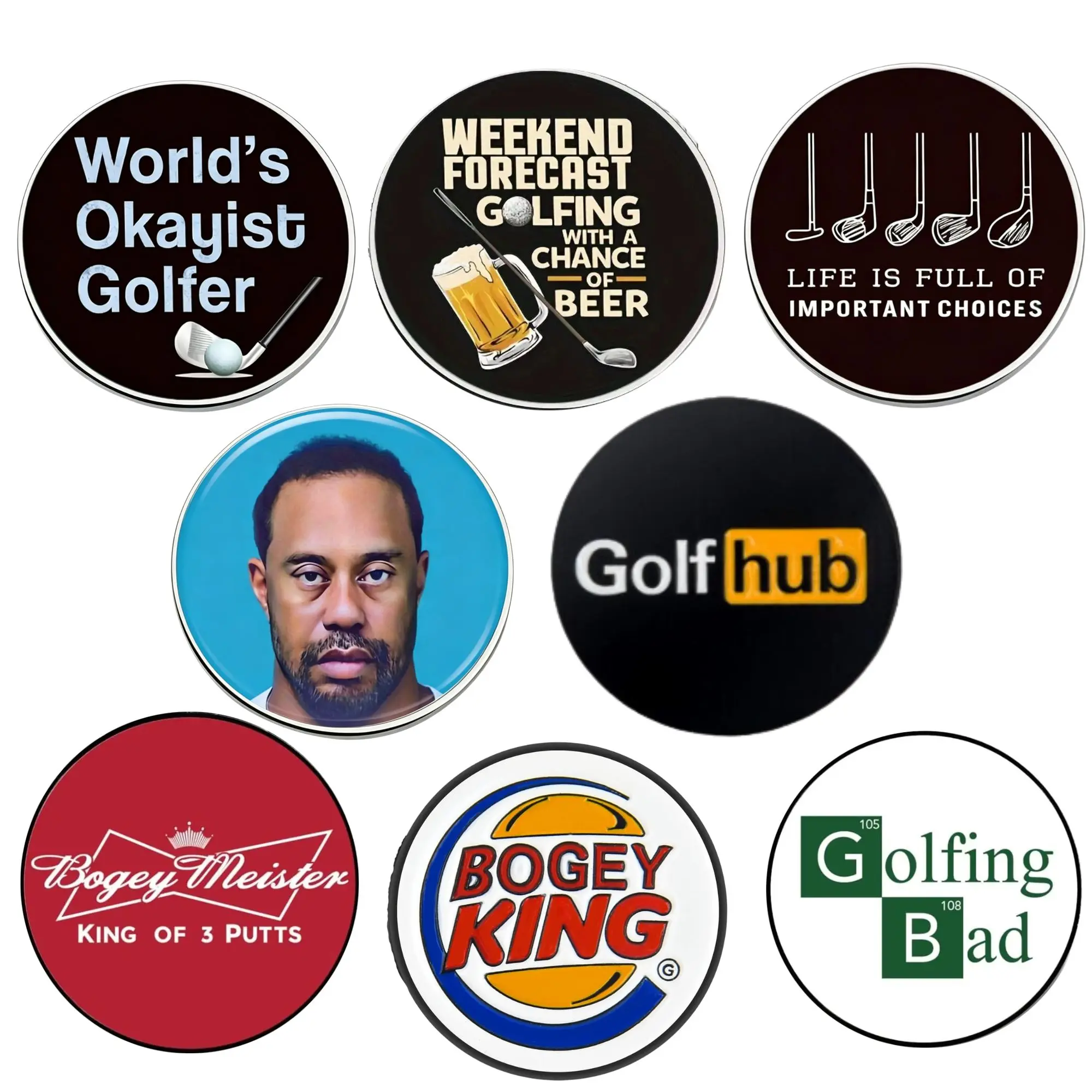 8 counts Funny  Golf Ball Marker Sets with Different Parrterns, Funny Golf Accessories for Men Golfers Dad Boyfriend Husband Birthday Retirement Fathers Day Golf Supply, Golf Gift Accessory