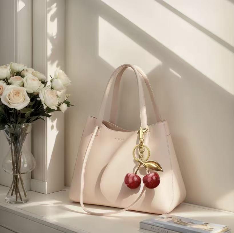 Cute Cherry Keychain for Women | Leather Key Ring Bag Charm | Adorable Purse/Car Key Accessory | Sweet Add-On for Your Essentials design