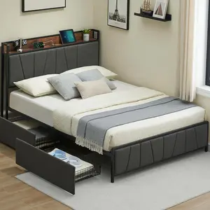 Upholstered Platform Bed Frame with Storage Headboard, 2 Drawers, Built-in Charging Station, Heavy Duty, Noise-Free, No Box Spring Needed, Easy Assembly