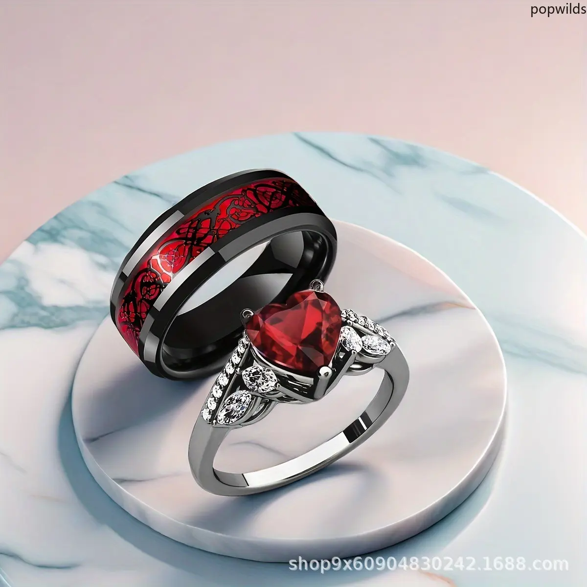 Stainless Steel Couple Rings Set with Inlaid Ruby Accent Heart Ring & Simple Band - Christmas Holiday Gift Jewelry, Alloy Metal, Heart Cut
