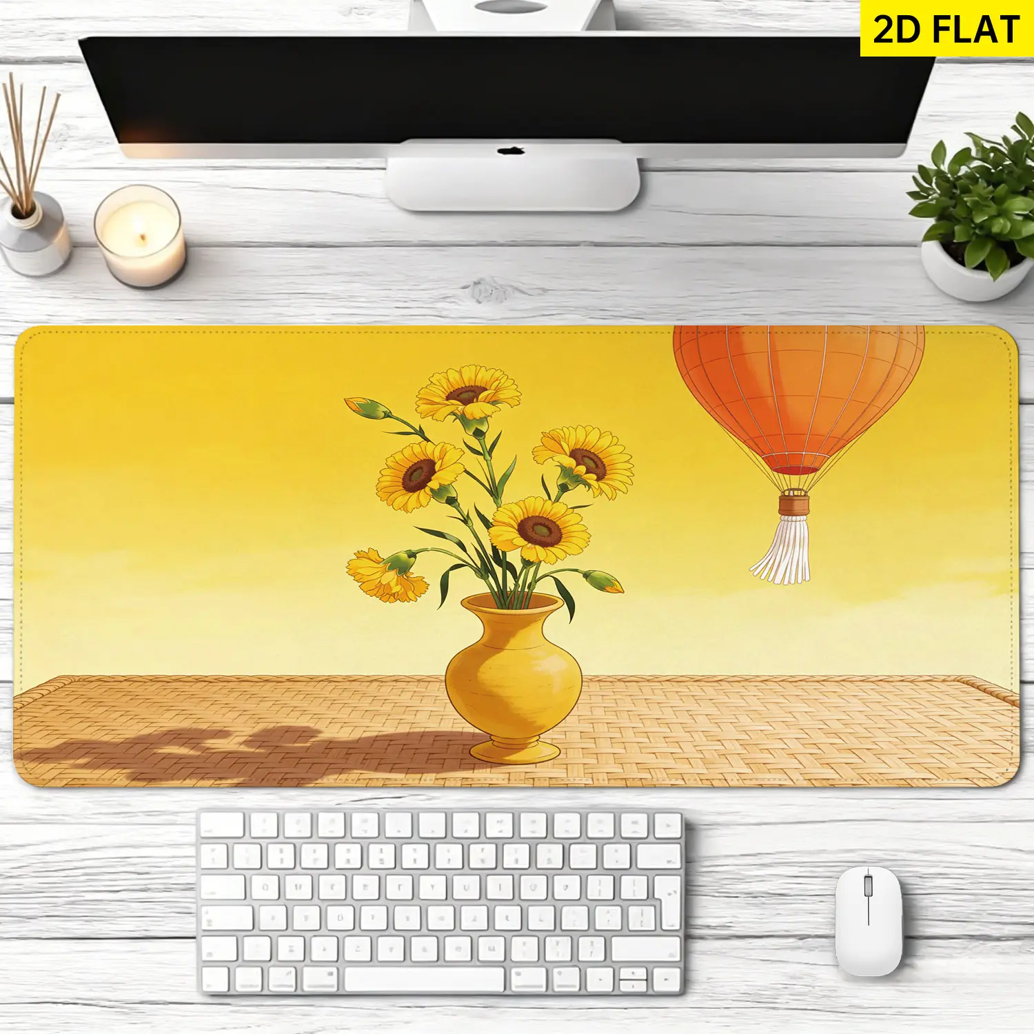 Extra Large yellow sunflower vase and hot air balloon Mouse Pad,Non Slip Rubber Pad,Desktop Decoration Drotection Pad,Washable,Lock Edge Multi Size,Premium Multipurpose Mousepad For Home,Office,Gift for Family and Friends