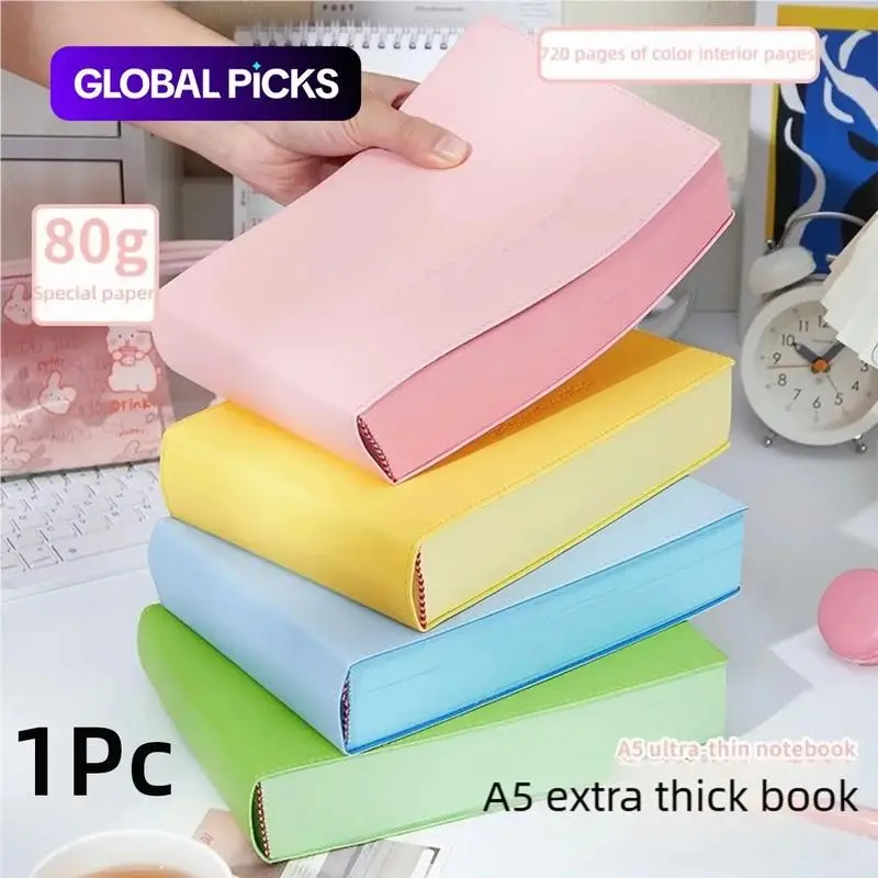 A5 Super Thick Dopamine Notebook, 4.5cm Thick 720 Pages, Soft PU Leather Cover, 80 Gsm Colored Pages, Ribbon Bookmark, Journaling Essentials
