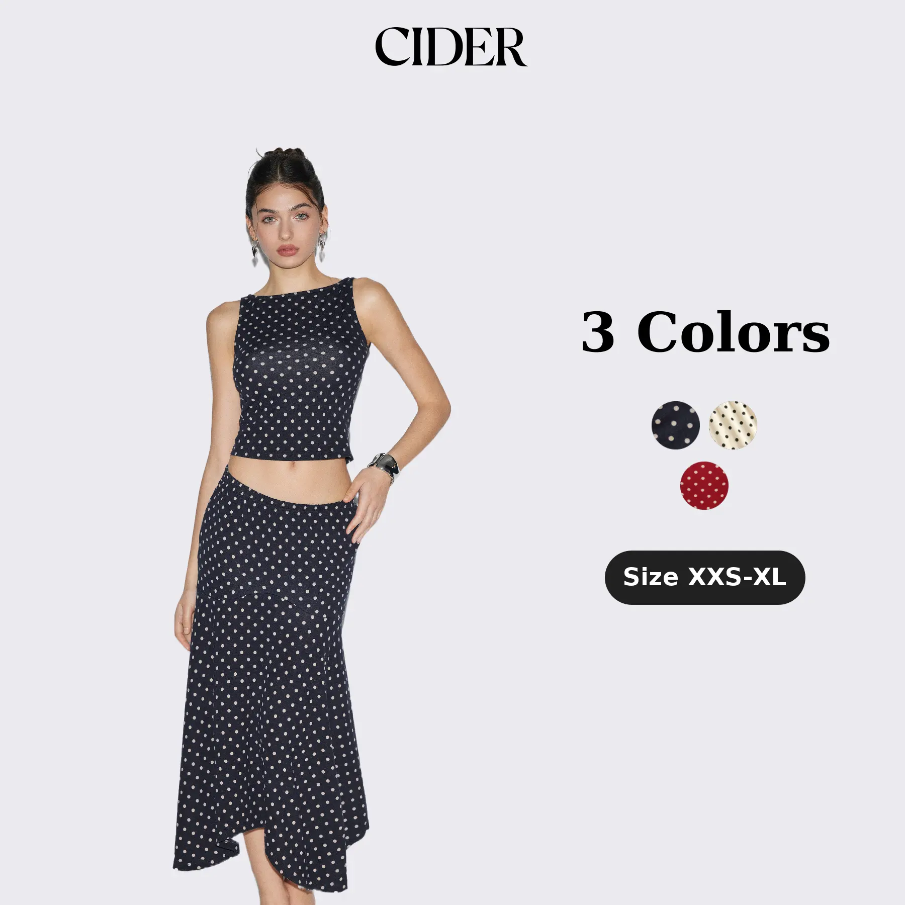 Cider Vintage Summer Polka Dot 2-Piece Set for Beach Holiday, Elegant 2-Piece Outfits, Ladies Boat Neck Top, Ruffle Skirt, Vintage Lady Blouse SohoChic