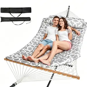 Double Quilted 2 Person Outdoor Hammock with Spreader Bars, Large Removable Pillow & Adjustable Steel Frame, Cotton Rope and Polyester Pad, Supports Up to 500lbs for Patio, Backyard, Garden, Beach