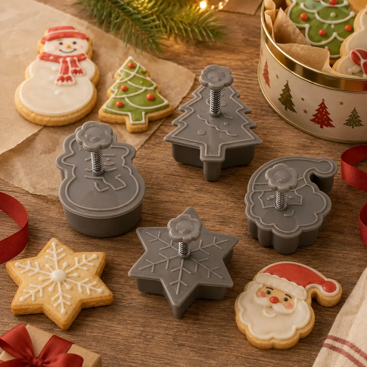 4-Piece Christmas Cookie Cutter Stamp Set with Spring Plunger – Tree, Santa, Snowflake & Snowman Baking Molds for Holiday Cookies
